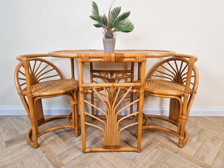 image for Vintage Mid Century Wicker & Cane Bamboo Compact Table and Chair Dining Set BL679