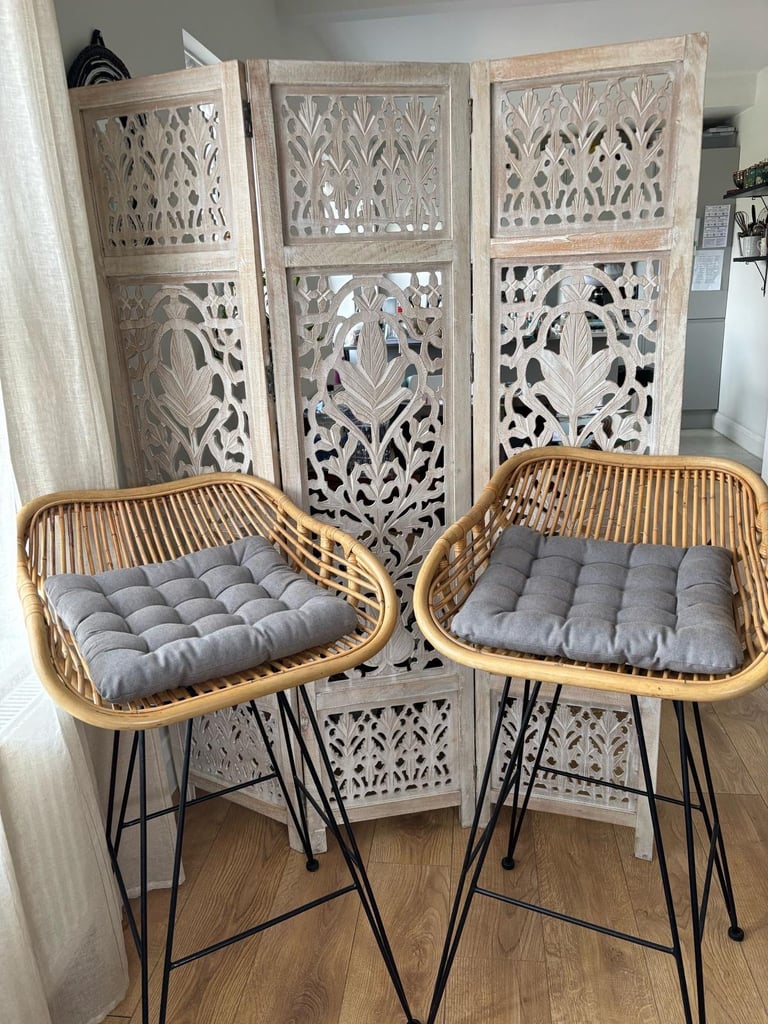 Pair of Rattan Barstools. Stylish with Grey Cushions. 