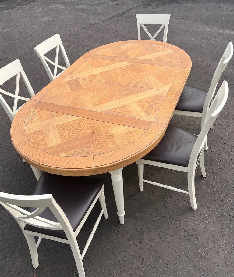 Marks & Spencer oak-top dining table + 6 Italian beech cross-back leather chairs