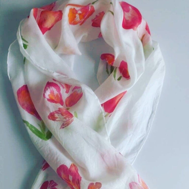 Tulip design hand paitned silk scarf