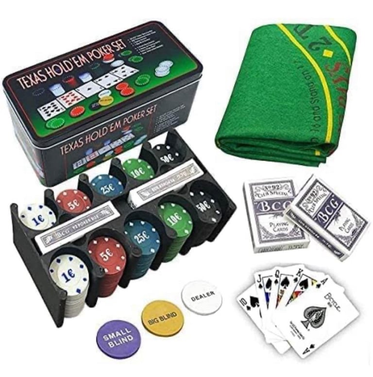 Poker Set Metal Box, 200 Poker Chips, 2 Decks, Dealer Button, Small Blind, Big Blind, Game Mat