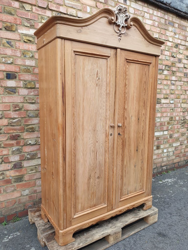 Elegant Antique French Armoire Two Door Wardrobe solid stripped pine wood