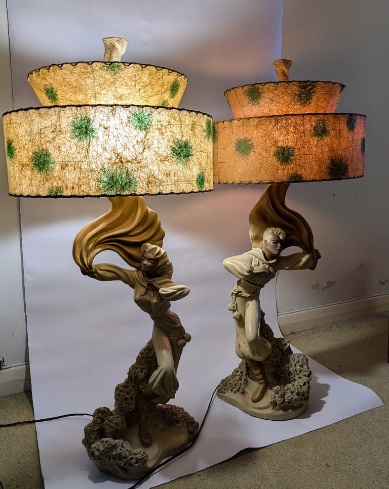 image for Vintage pair of Reglor chalkware lamps with fibreglass shades Atomic MCM 1950s