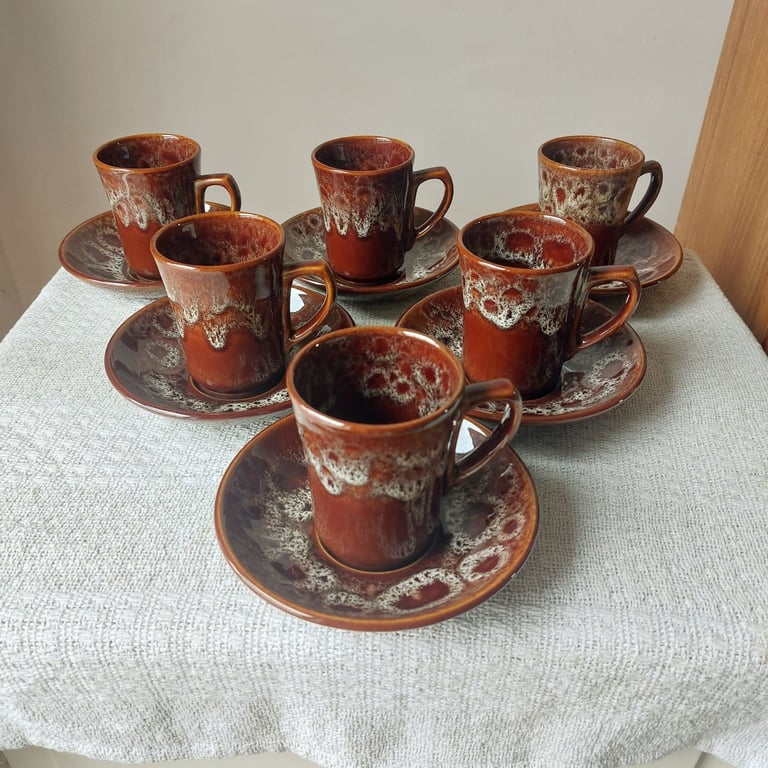 image for Six Vintage Cornwall Kernewek Pottery Cups And Saucers 