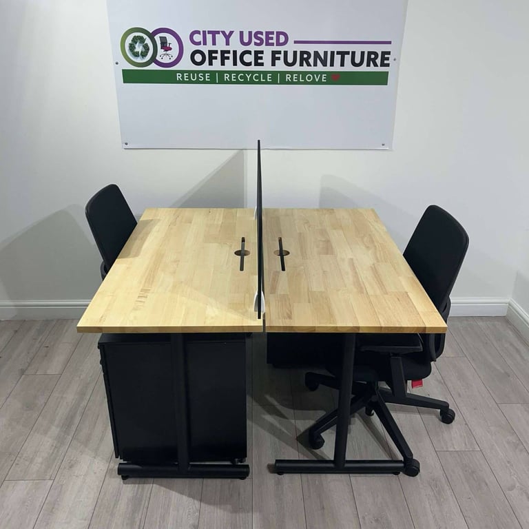 Solid Oak Wood Bench Desks – 2 / 4 / 6 / 8 Person – Black Metal Legs