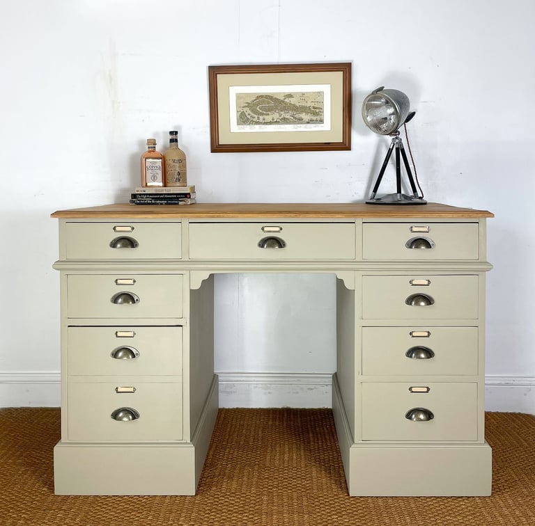 image for 4ft Double twin pedestal solid pine desk panelled free standing