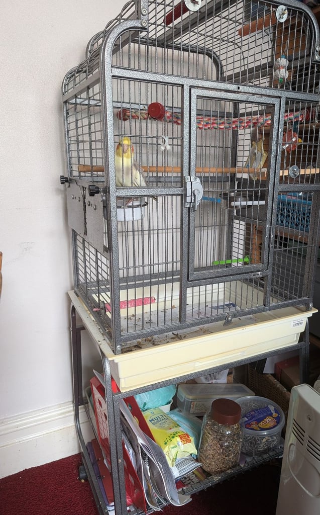 Bird cage large. On a wheeled stand. Storage space underneath. 