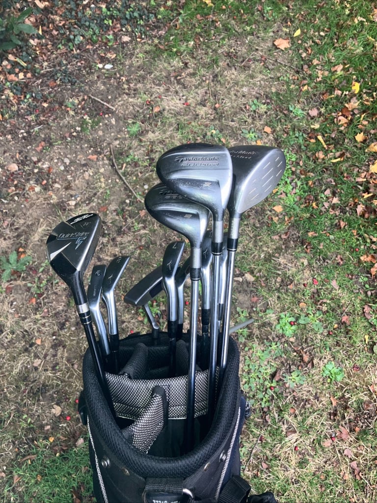 Men’s Golf Clubs Taylormade Steel Woods Mizuno Irons Trilogy Putter Stand Bag 