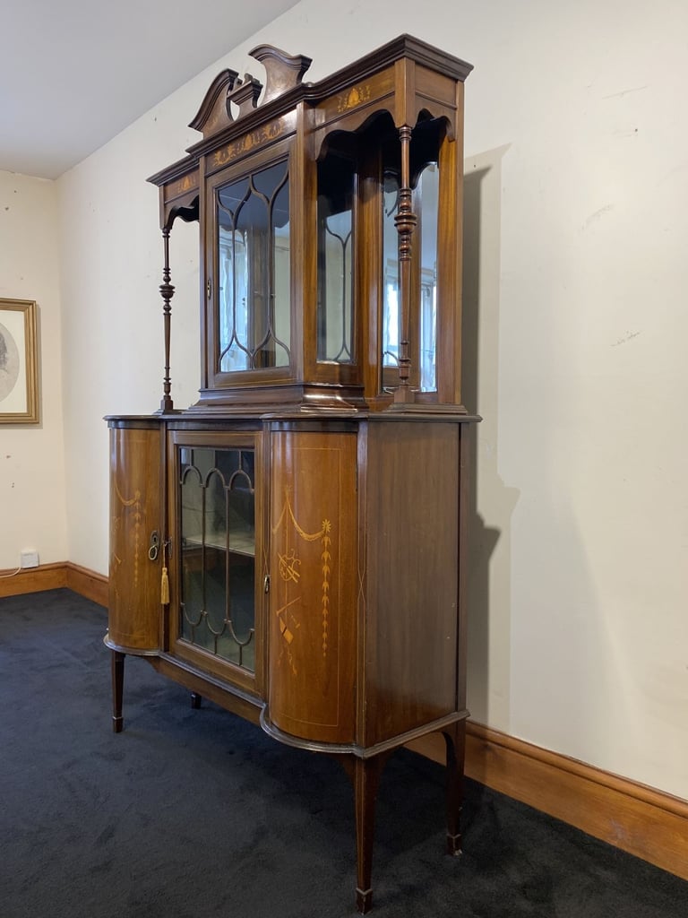 Fine Edwardian Mahogany & Satinwood Marquetry Glazed Sideboard Display Cabinet