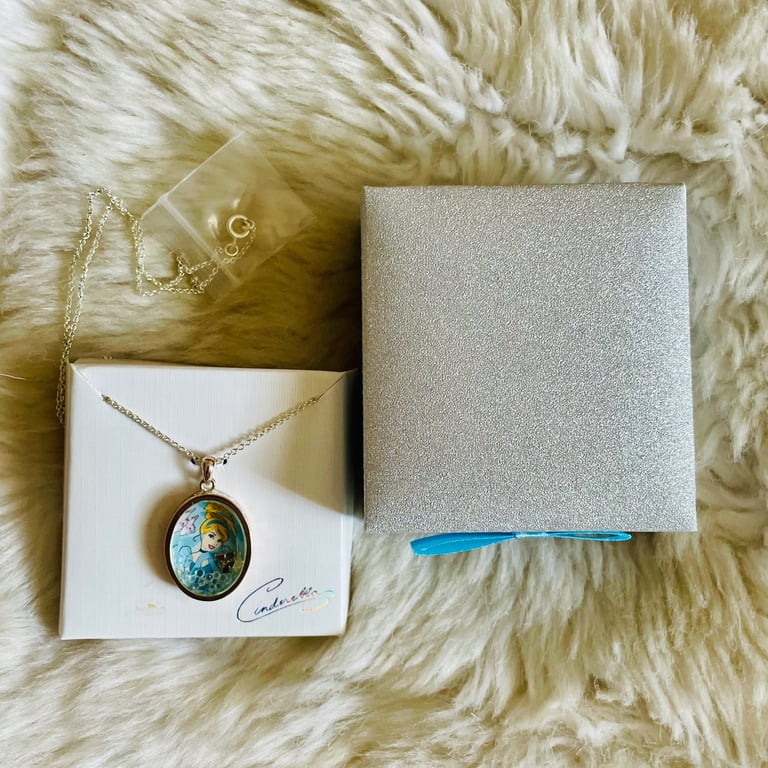 image for Rare Vintage Disney Cinderella Pendant & Necklace Fine Silver Plated 'Every girl is a princess’ 