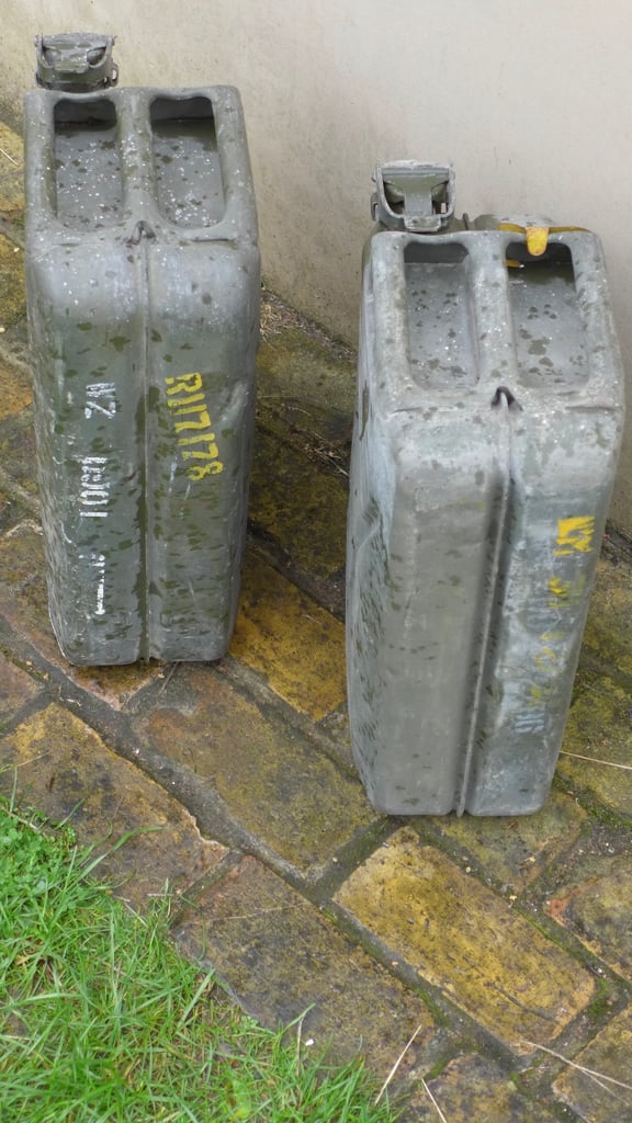 TWO LARGE VINTAGE HEAVY DUTY METAL JERRY CANS. FUEL STORAGE. FUEL CARRYING CANS. 20 Litres.