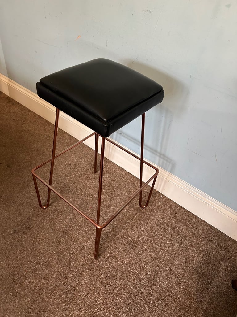 image for 1 Stylist Black Leatherette Bar Stool Rose Gold Legs H30in/75cm W/D17in/43cm Good condition  D219
