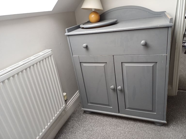 image for Solid Wood Cupboard with wide drawer and  double doors below.  Grey painted.