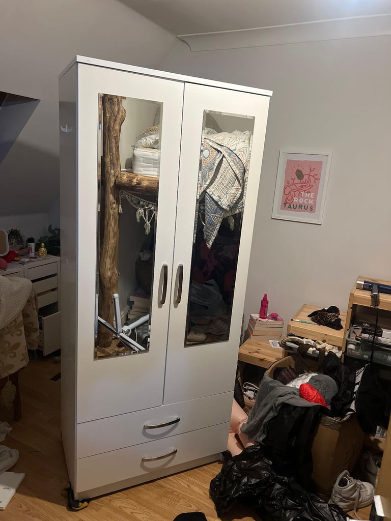 image for White Wardrobe with Mirrored Doors and Drawers.
