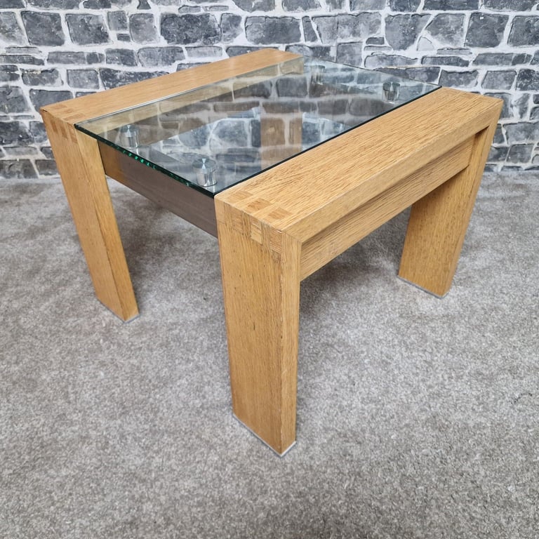 Modern Oak & Glass Side Table with Brushed Steel Detail