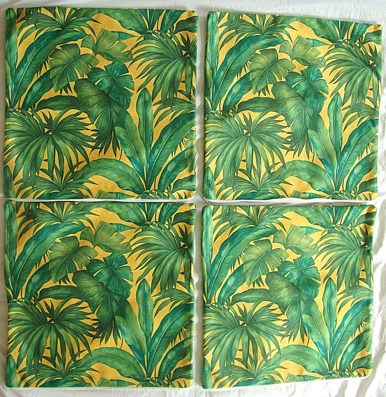 4 cushion covers 40cm x 40cm, (16 x 16 inches), Tropical foliage green & yellow, new
