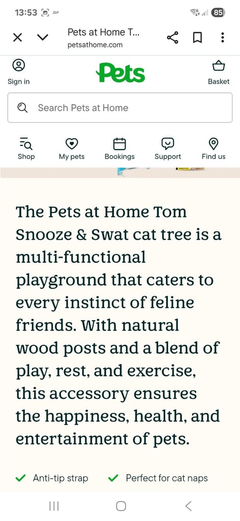 Pets at home tom snooze & swat cat tower natural