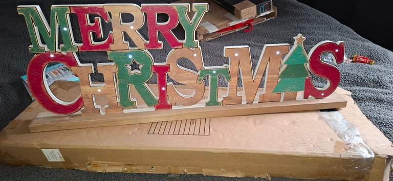 Brandnew in box large wooden christmas sign with led lights 