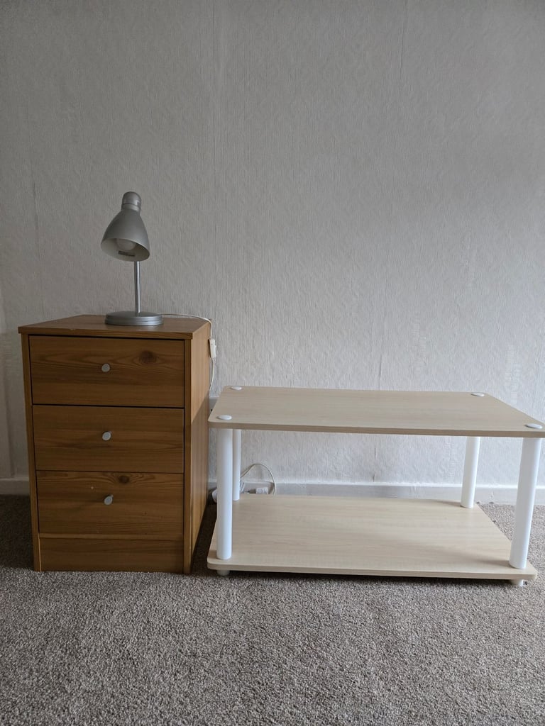 Bedside cabinet, desk lamp and tv unit