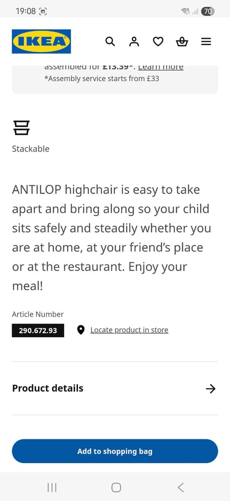 Ikea high chair with straps and tray