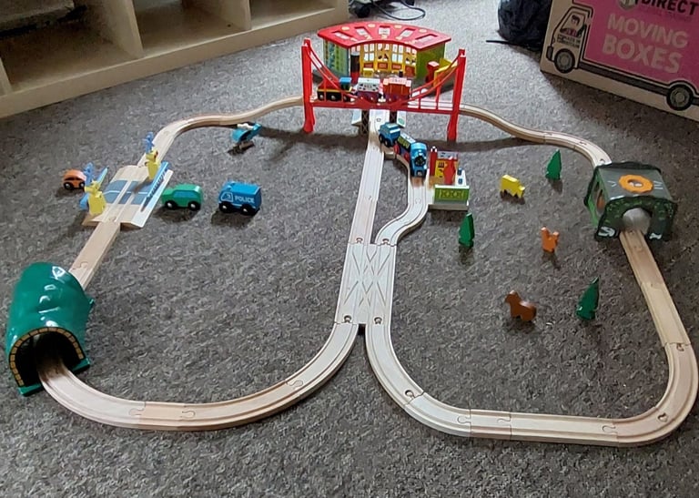 image for Big rig wooden train track, trains, shed with doors, tunnel, bridge etc
