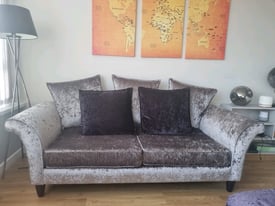 DFS Three Seater crushed velvet couch, armchair and pouffew