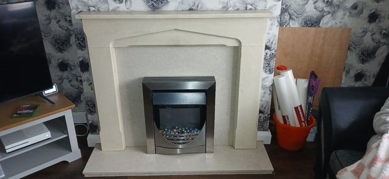 image for Stone look fire surround with marble back and hearth [fire not included]