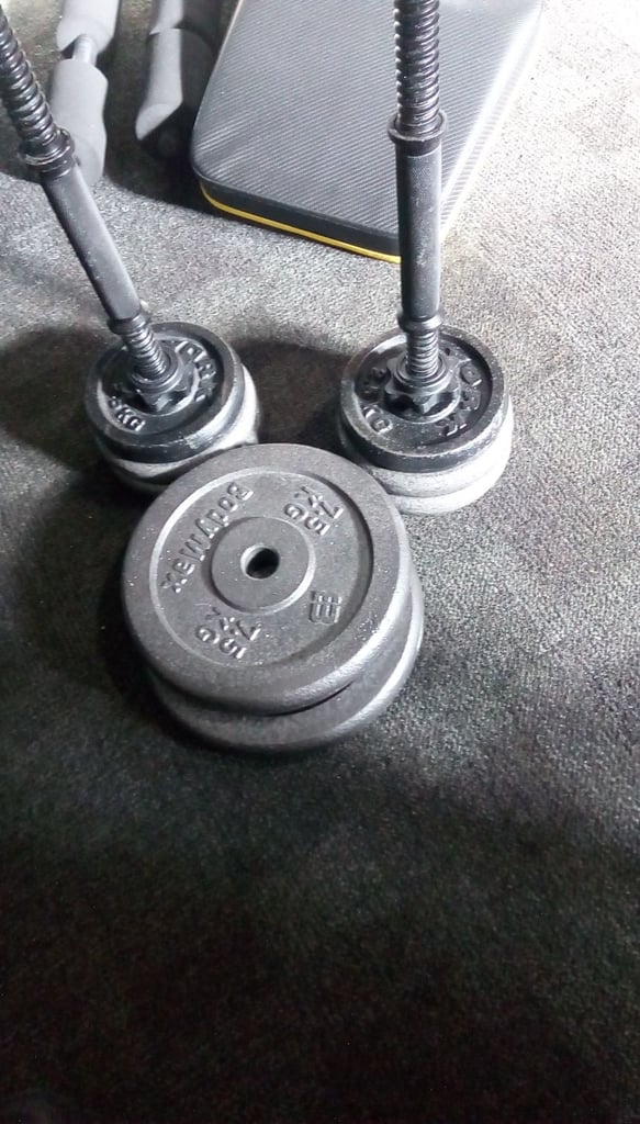 image for 30 kg weights with dumbbells and barbell 