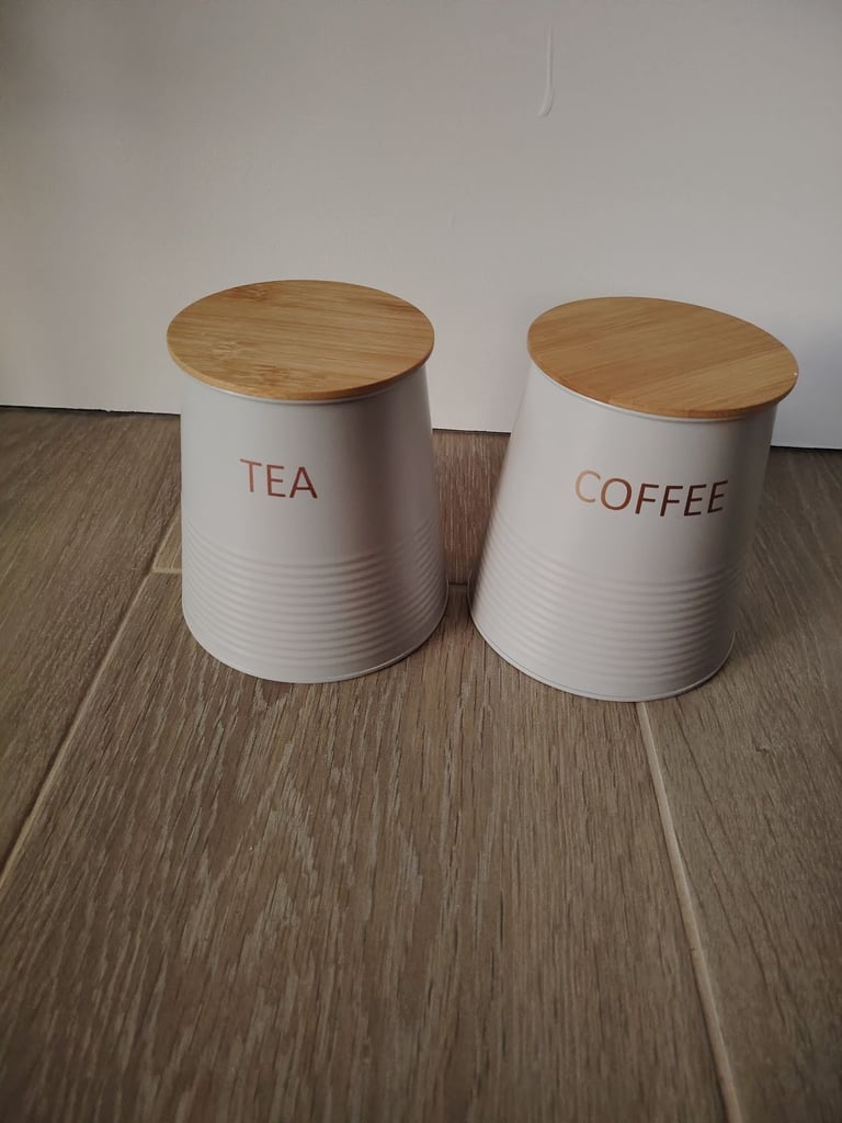 2 Piece Stackable Canister Set Wooden Lid Storage Pot Tea Coffee Jar Food Container
