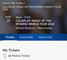 Coldplay tickets 2x standing Manchester 31st May