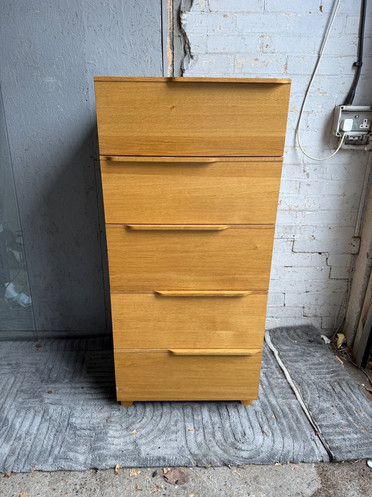 image for FREE DELIVERY HABITAT SOLID OAK TALLBOY CHEST OF 5 DRAWERS GOOD CONDITION