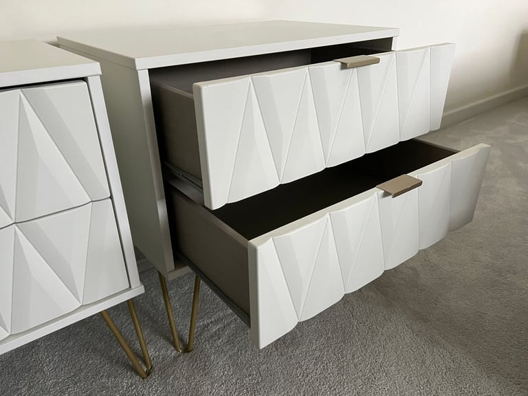 Bedside tables white wood two drawer and gold metal hairpin legs
