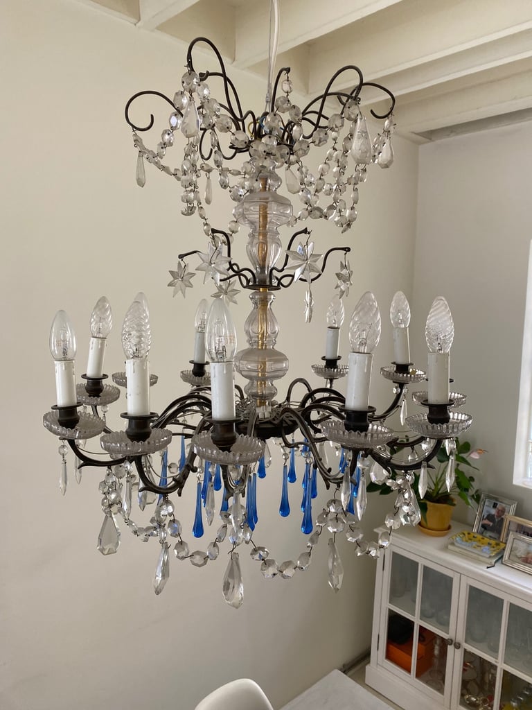 image for Elegant Antique Chandelier with Crystal and Blue Glass Drops