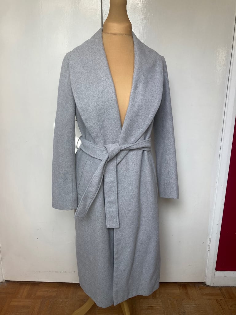 image for New Look grey shawl collar wrap belted robe coat. Size 12