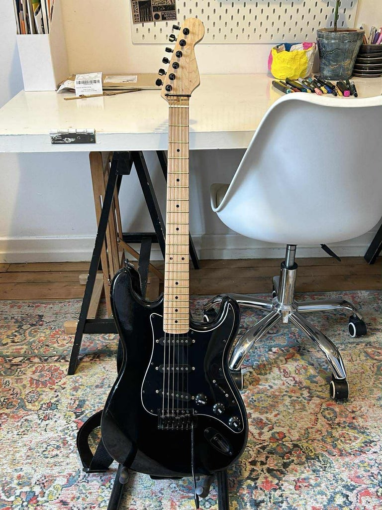 All Black Stratocaster Style Custom Electric Guitar
