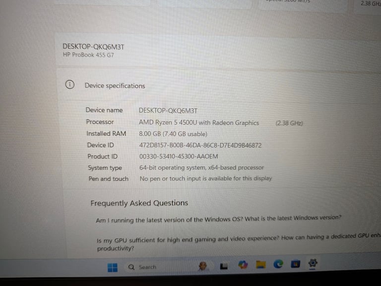 HP ProBook 455 G7 15.6" Laptop Ryzen 5 4500U 2.3GHz 8GB RAM 256GB SSD