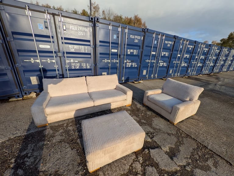 DFS Cream Jumbo Cord 3 Seater Sofa, Armchair and Storage Footstool FREE SAME/NEXT DAY DELIVERY