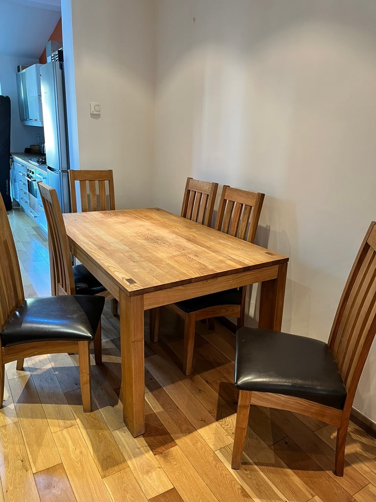 Solid Oak Dining Table + Leather Chairs
