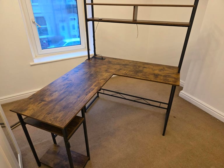 L-Shaped Rustic Corner Desk with Shelves – Great for Home Office or Gaming