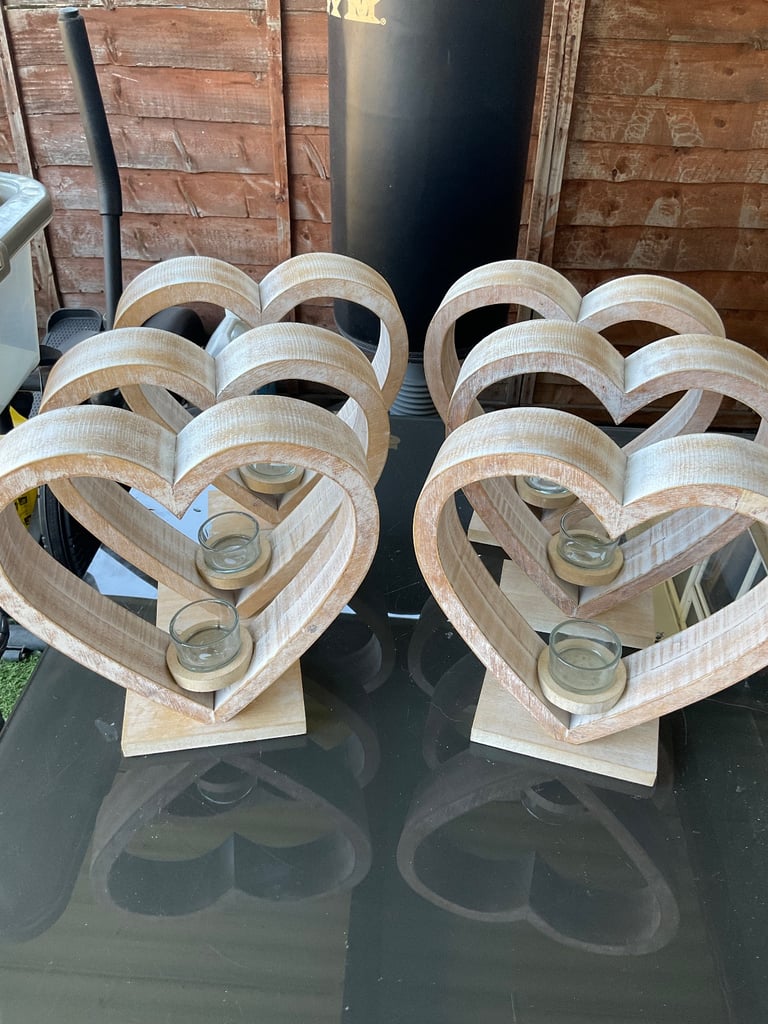 image for Wedding- 6 wooden heart T light candle holders