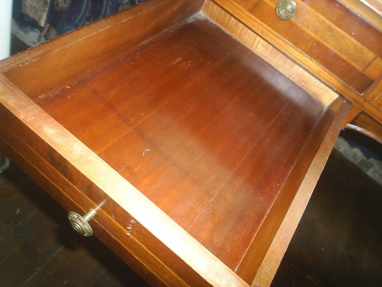 Writing Desk & Chair. Queen Ann Style 5 Drawer Walnut Desk & High Back Padded Chair 