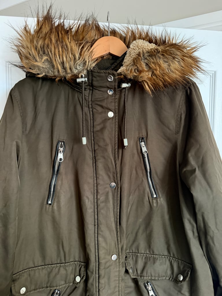 F&F - Olive Green Parka Coat with Faux Fur Hood - Size UK 22