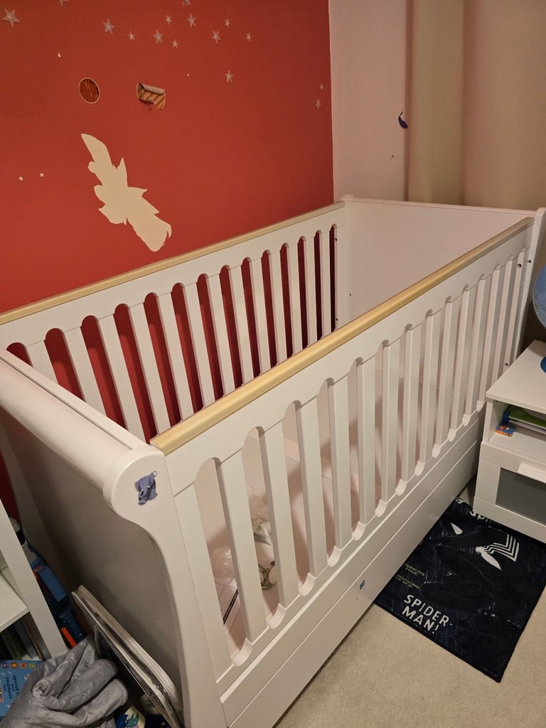 White Cot Bed with Mattress and Drawer
