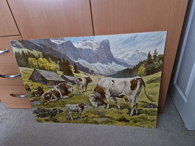 image for Cattle Art print on board 1929 signed F Roubal 