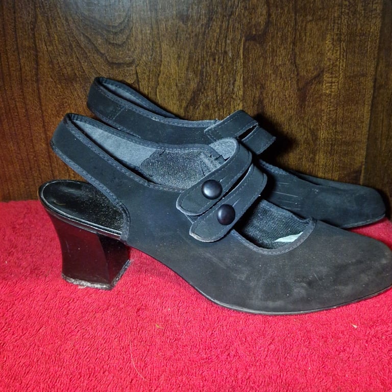 Vintage Salamander Slingback Heels – Black Suede Double Strap – UK 5 – Made in Lithuania