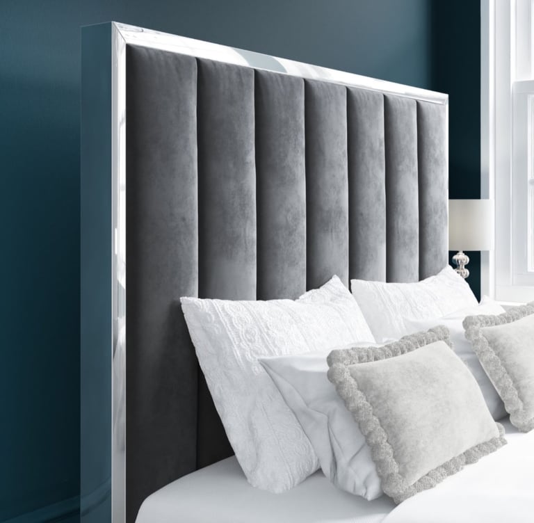 Grey Velvet King Size Ottoman Bed with High Headboard