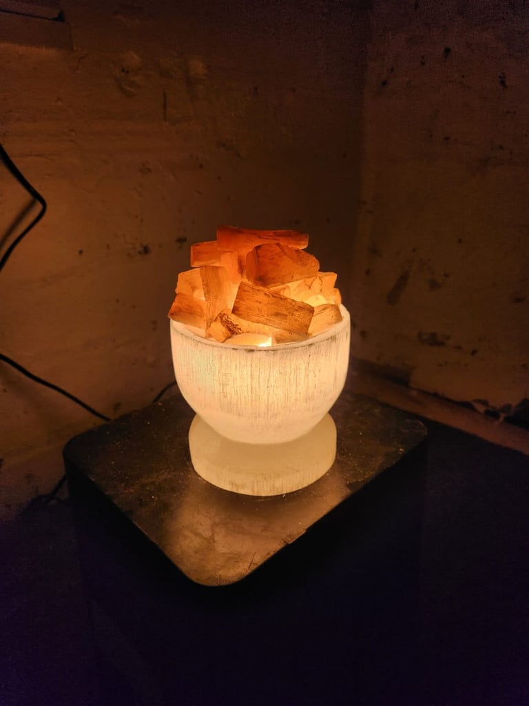Selenite Crystal Bowl Lamp with Chunks | White & Orange