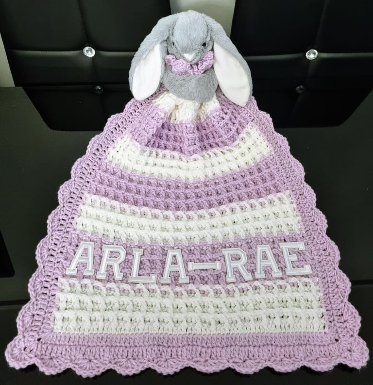 Crochet Baby Comfort Blanket, Personalised, Girls and Boys colours available