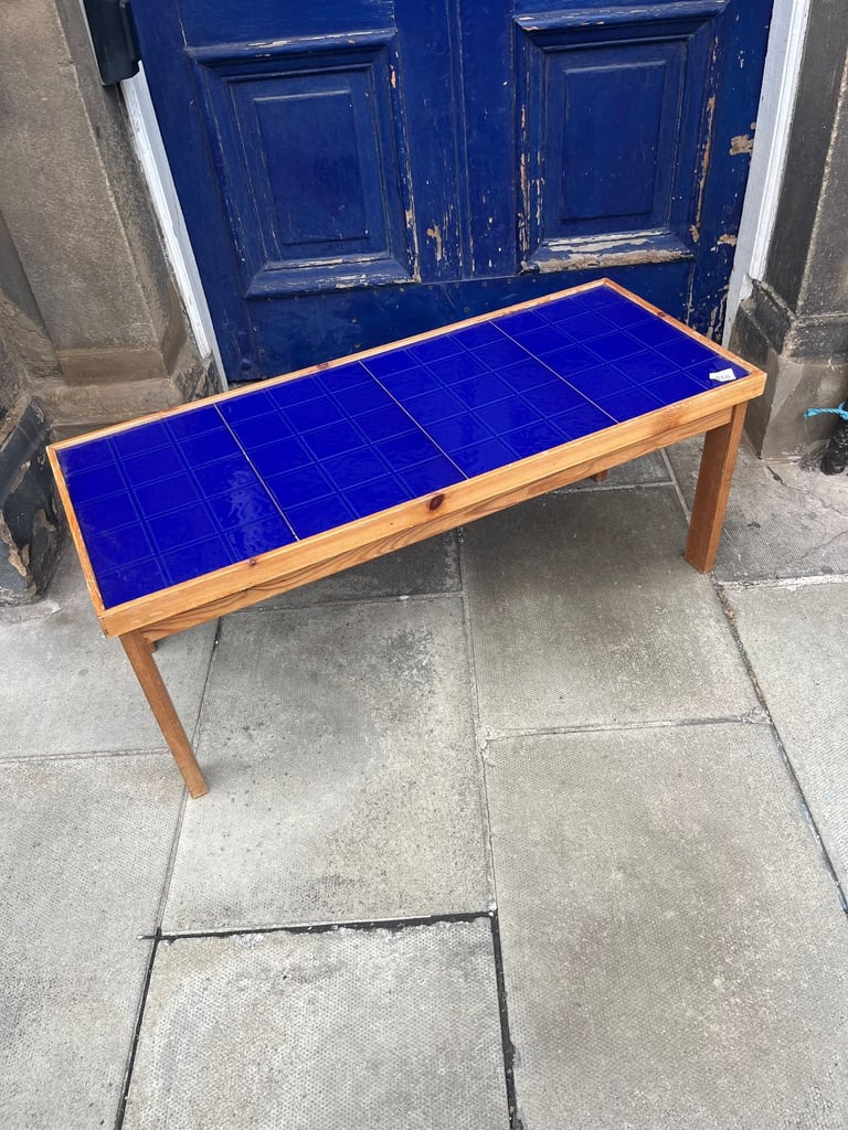 image for Blue Tiled Top Coffee Table , pine legs . Good Solid Table . 