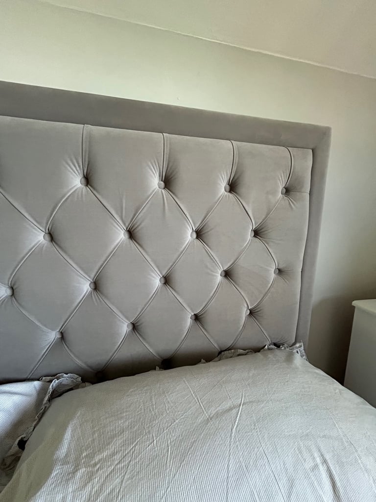 Double bed in grey faux velvet